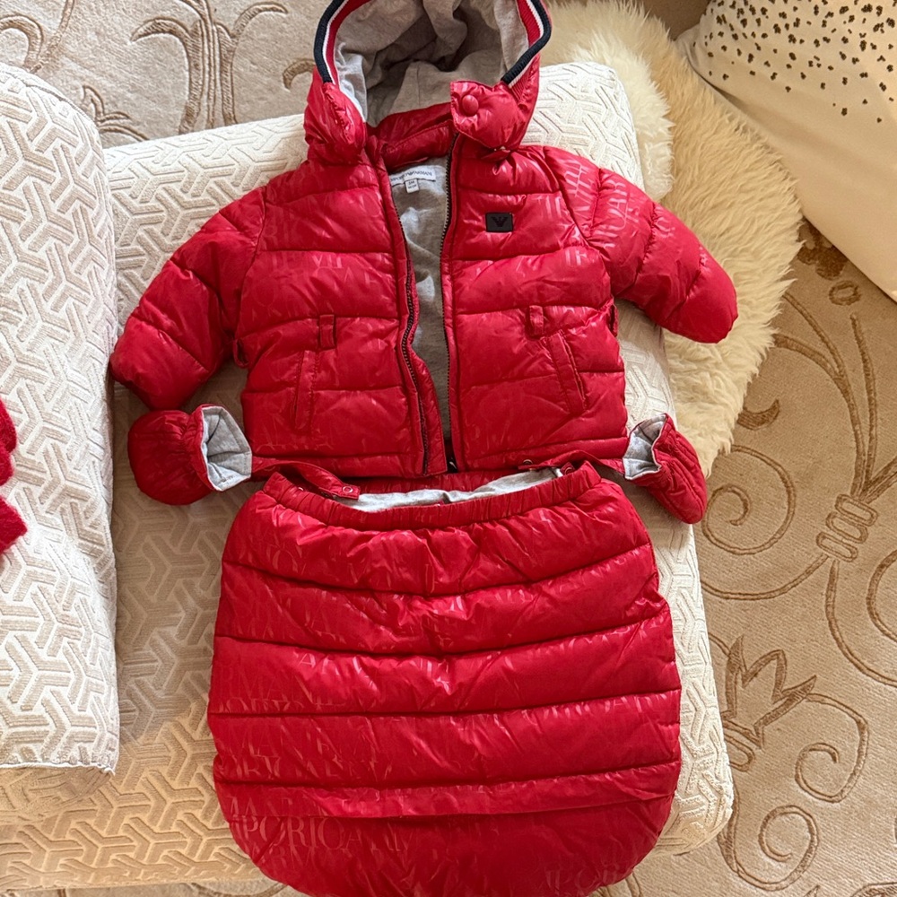 Emprio Armani infants Red Puffer Jacket and Bunting Set